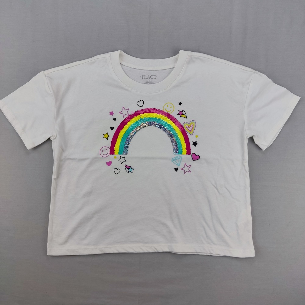 The Children's Place T-Shirt Girls L 10/12 White Rainbow Sequin Graphic Boxy Tee
